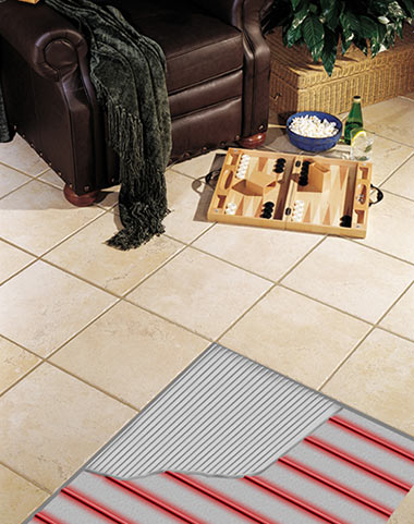 Heated tile floor with cutaway, showing the embedded heat cable.