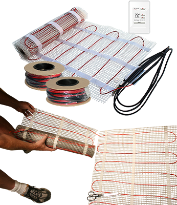 Floor heating mat, spools of cable, and thermostat.