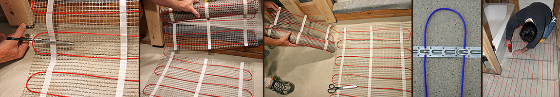 Installing radiant heating mat in bathroom.