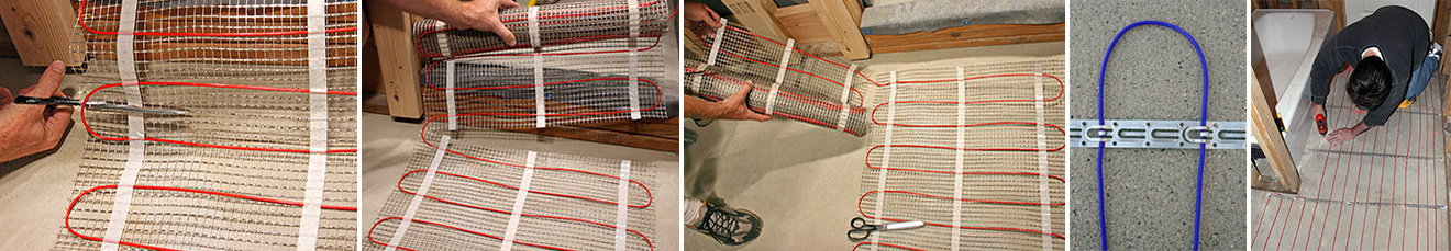 Installing radiant heating mat and cable in bathroom.